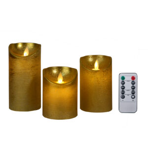 Foryouliving - LED kaarsen met bewegende vlam 3x - Goud - Gold - Afstandsbediening - Stompkaars rustiek wax - LED kaars batterij - Timer - 7.5 x 10 12.5 15 cm
