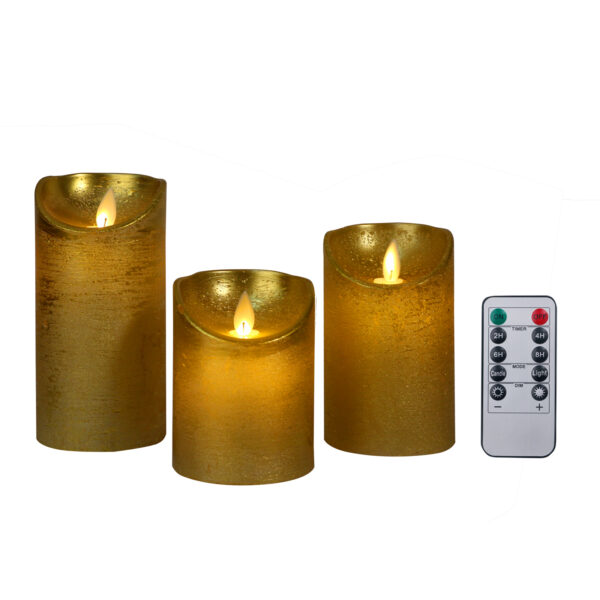 Foryouliving - LED kaarsen met bewegende vlam 3x - Goud - Gold - Afstandsbediening - Stompkaars rustiek wax - LED kaars batterij - Timer - 7.5 x 10 12.5 15 cm