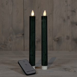 LED kaarsen met bewegende vlam 2x - Donkergroen - Dark Green - Afstandsbediening - Dinerkaars rustiek wax 23 cm - LED kaars batterij
