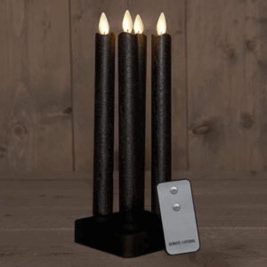 Oplaadbare LED dinerkaarsen 4x - LED kaarsen met bewegende vlam - Zwart - Black - Oplaadstation en Afstandbediening - Dinerkaars rustiek wax 23 cm