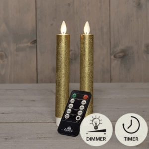 LED kaarsen met bewegende vlam 2x - 18cm klein - Goud - Gold - Afstandsbediening - Timer - Dimmer - Dinerkaars rustiek wax - LED kaars batterij