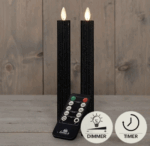 LED kaarsen met bewegende vlam 2x - 23cm Ribbel - Zwart - Black - Afstandsbediening - Timer - Dimmer - Dinerkaars rustiek wax - LED kaars batterij