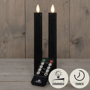 LED kaarsen met bewegende vlam 2x - 23cm Ribbel - Zwart - Black - Afstandsbediening - Timer - Dimmer - Dinerkaars rustiek wax - LED kaars batterij