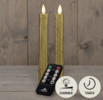 LED kaarsen met bewegende vlam 2x - 23cm Ribbel - Goud - Gold - Afstandsbediening - Timer - Dimmer - Dinerkaars rustiek wax - LED kaars batterij
