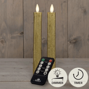 LED kaarsen met bewegende vlam 2x - 23cm Ribbel - Goud - Gold - Afstandsbediening - Timer - Dimmer - Dinerkaars rustiek wax - LED kaars batterij